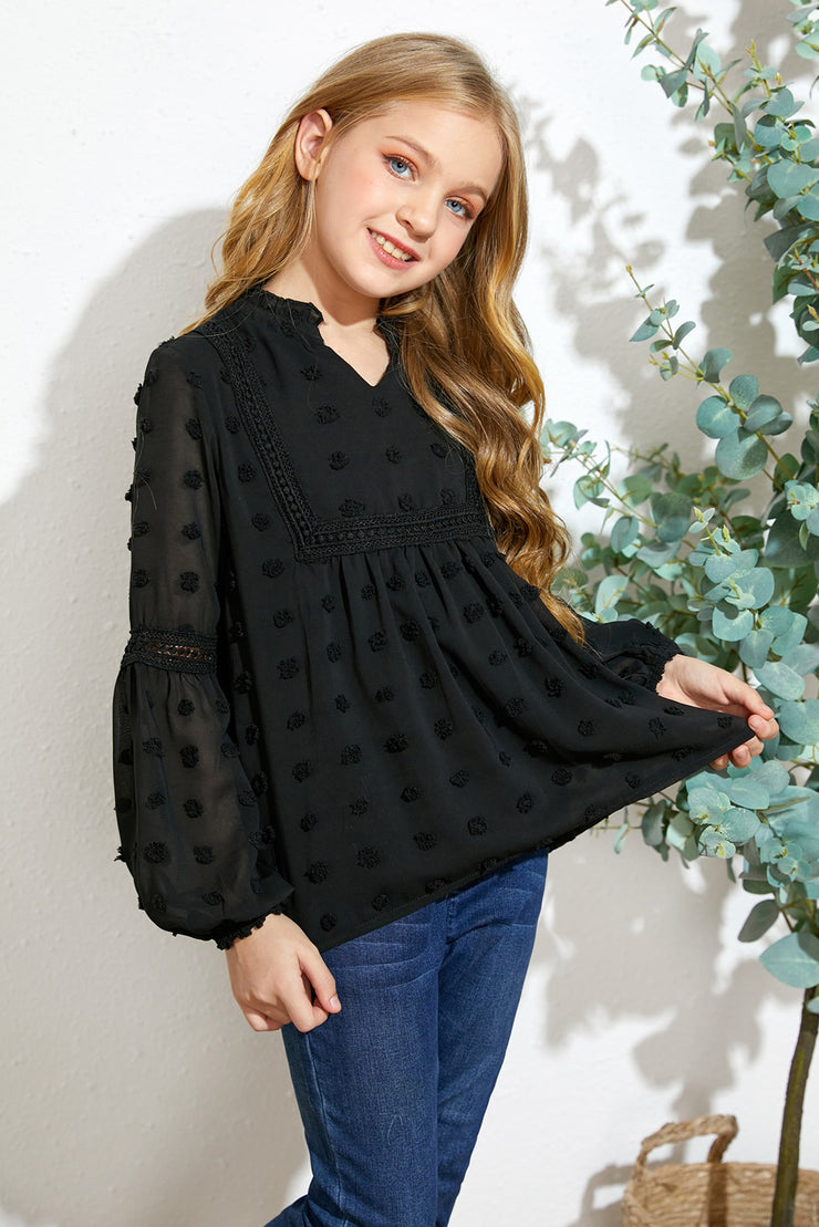 Girls Swiss Dot Spliced Lace Notched Blouse - Ruby's Fashion