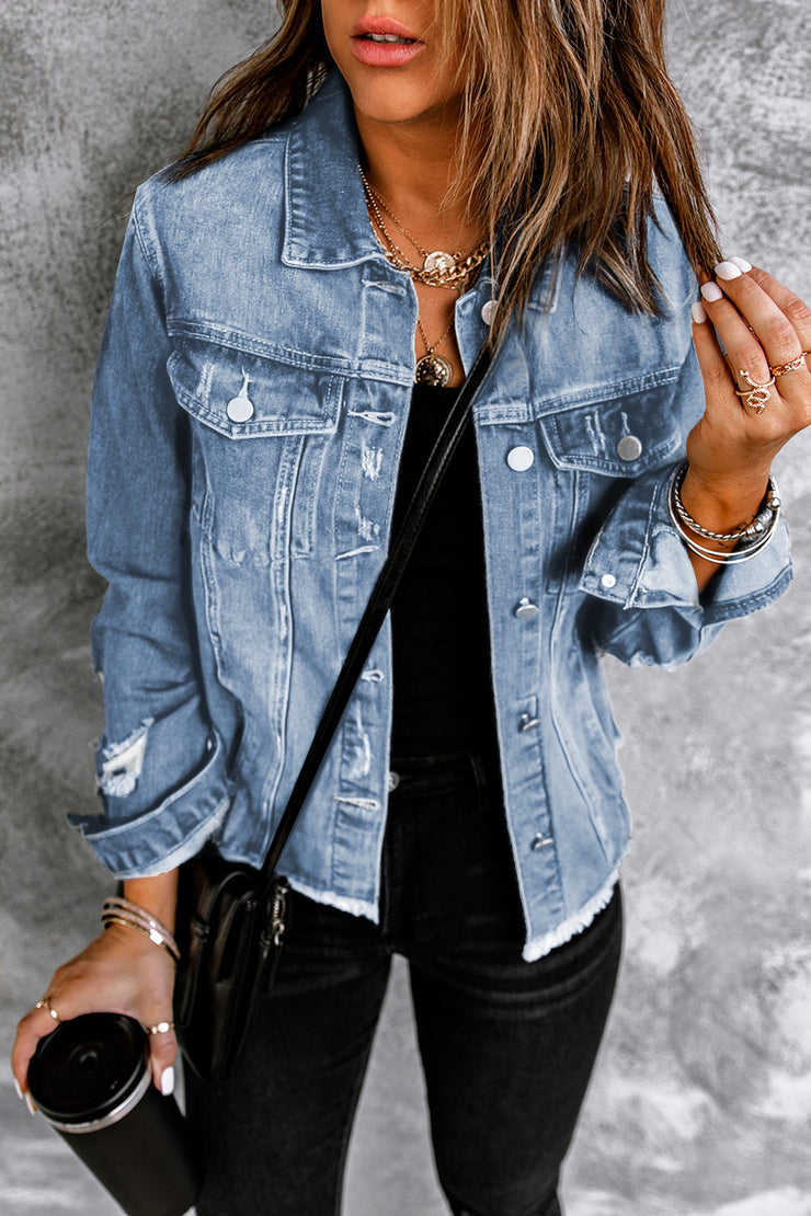 Distressed Raw Hem Denim Jacket - Ruby's Fashion