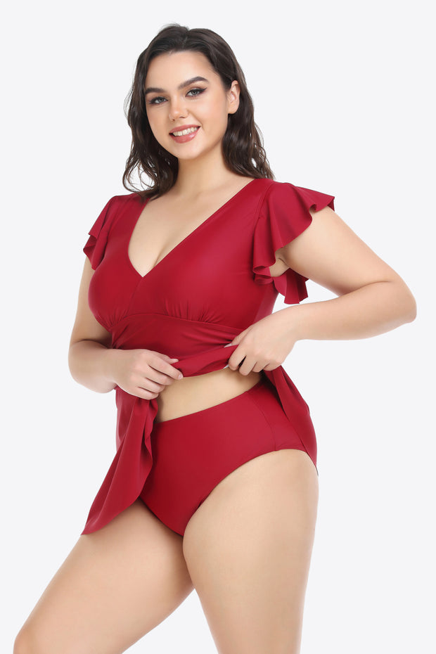 Plus Size Ruffled Plunge Swim Dress and Bottoms Set - Ruby's Fashion