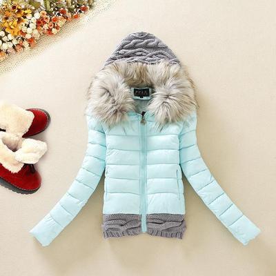 Wool stitching cotton coat fur collar hooded slim cotton short coat - Ruby's Fashion