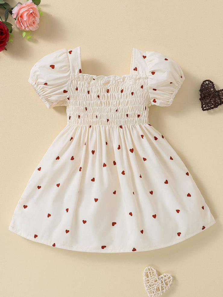 Baby Girl Heart Print Square Neck Dress - Ruby's Fashion