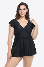 Plus Size Ruffled Plunge Swim Dress and Bottoms Set - Ruby's Fashion