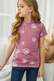 Girls Dandelion Print Round Neck Tee - Ruby's Fashion