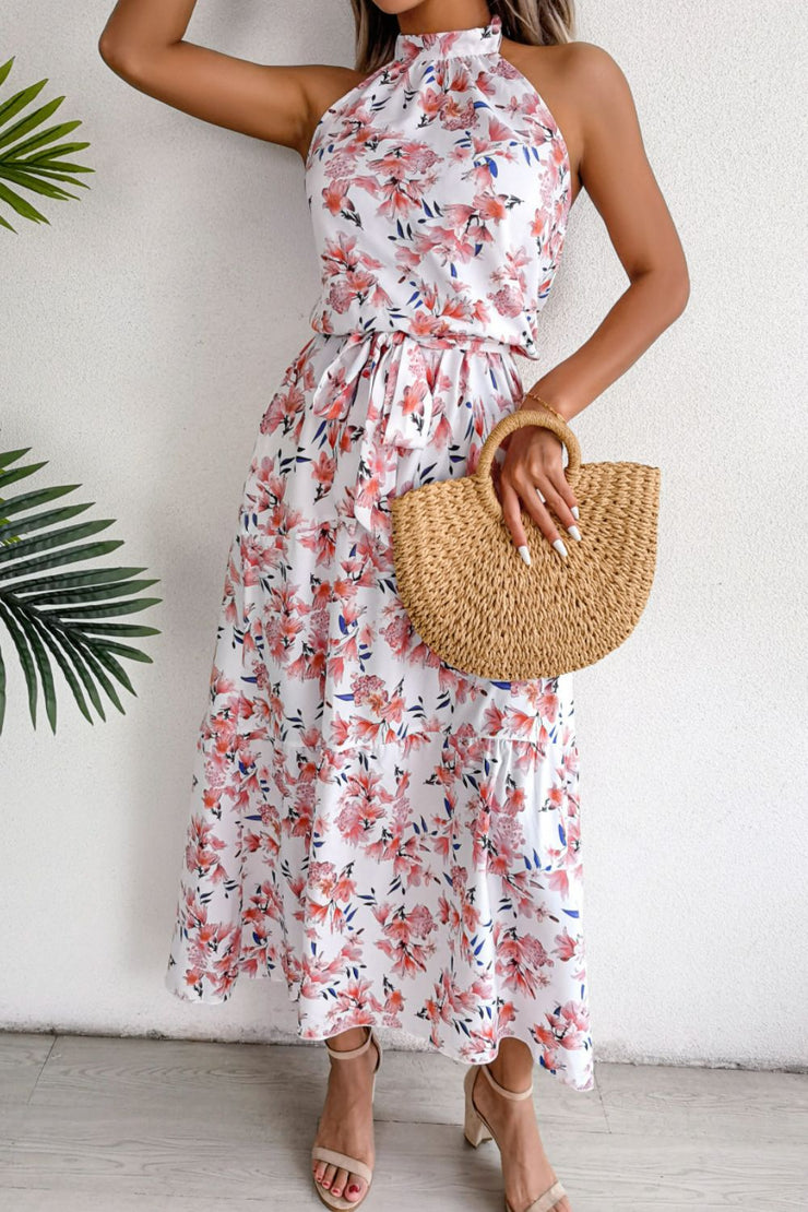 Floral Tie Waist Backless Maxi Dress - Ruby's Fashion