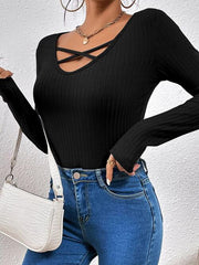 Ribbed Crisscross V-Neck Long Sleeve Knit Top