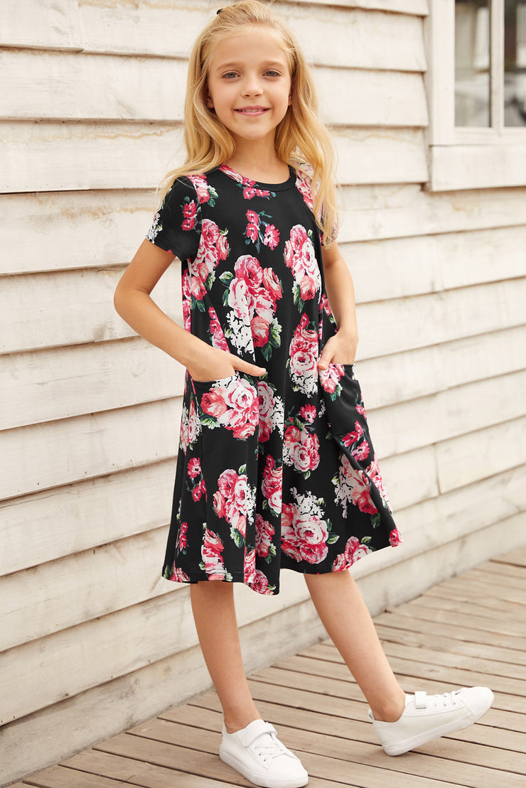 Girls Floral Round Neck Short Sleeve Dress with Pockets - Ruby's Fashion