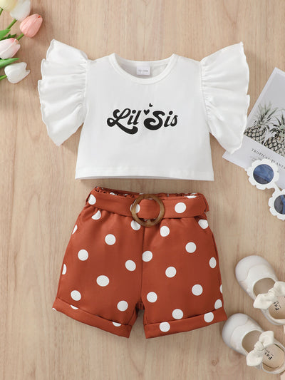 Girls Graphic Butterfly Sleeve Top and Polka Dot Shorts Set - Ruby's Fashion