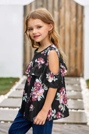 Girls Floral Cold-Shoulder Ruffled Top - Ruby's Fashion