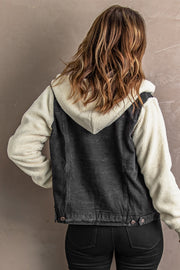 Two-Tone Spliced Denim Sherpa Hooded Jacket - Ruby's Fashion