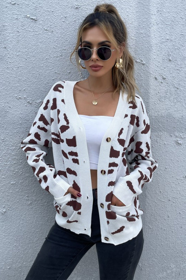 Animal Print Button Front Sweater Cardigan - Ruby's Fashion