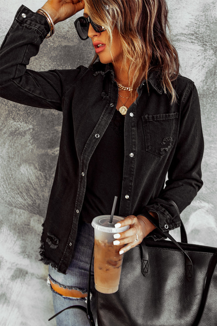 Distressed Snap Down Denim Jacket - Ruby's Fashion