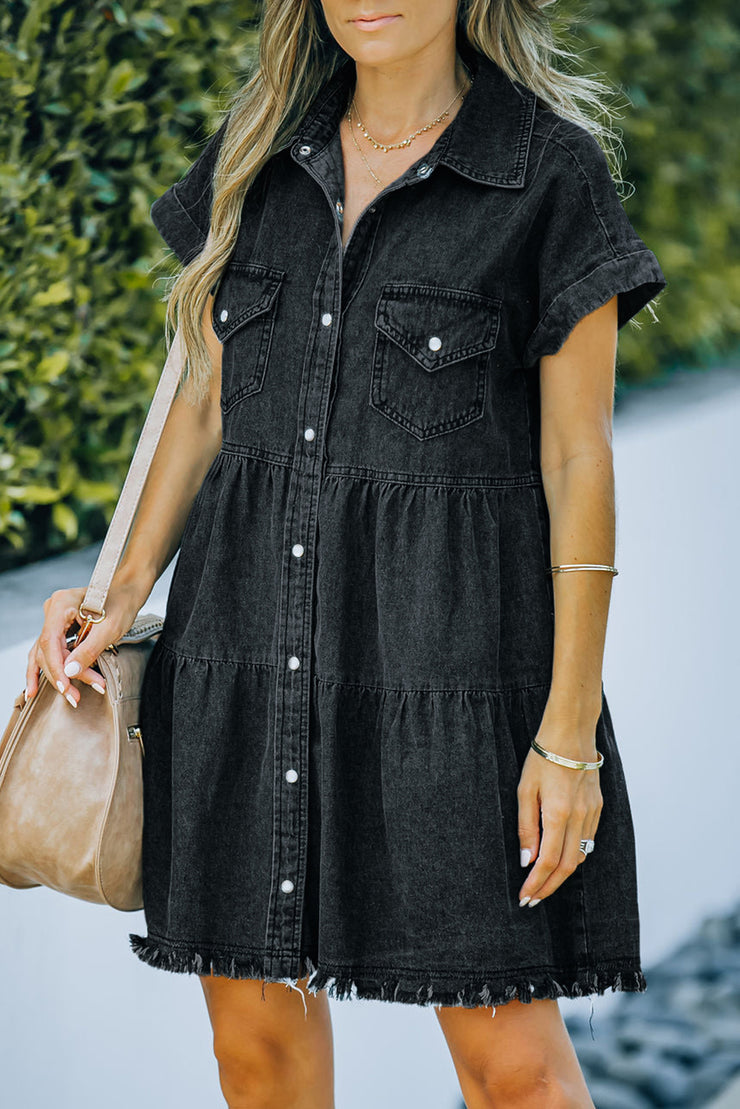 Button Front Raw Hem Denim Dress - Ruby's Fashion