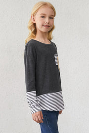 Girls Striped Color Block Sequin Pocket Top - Ruby's Fashion