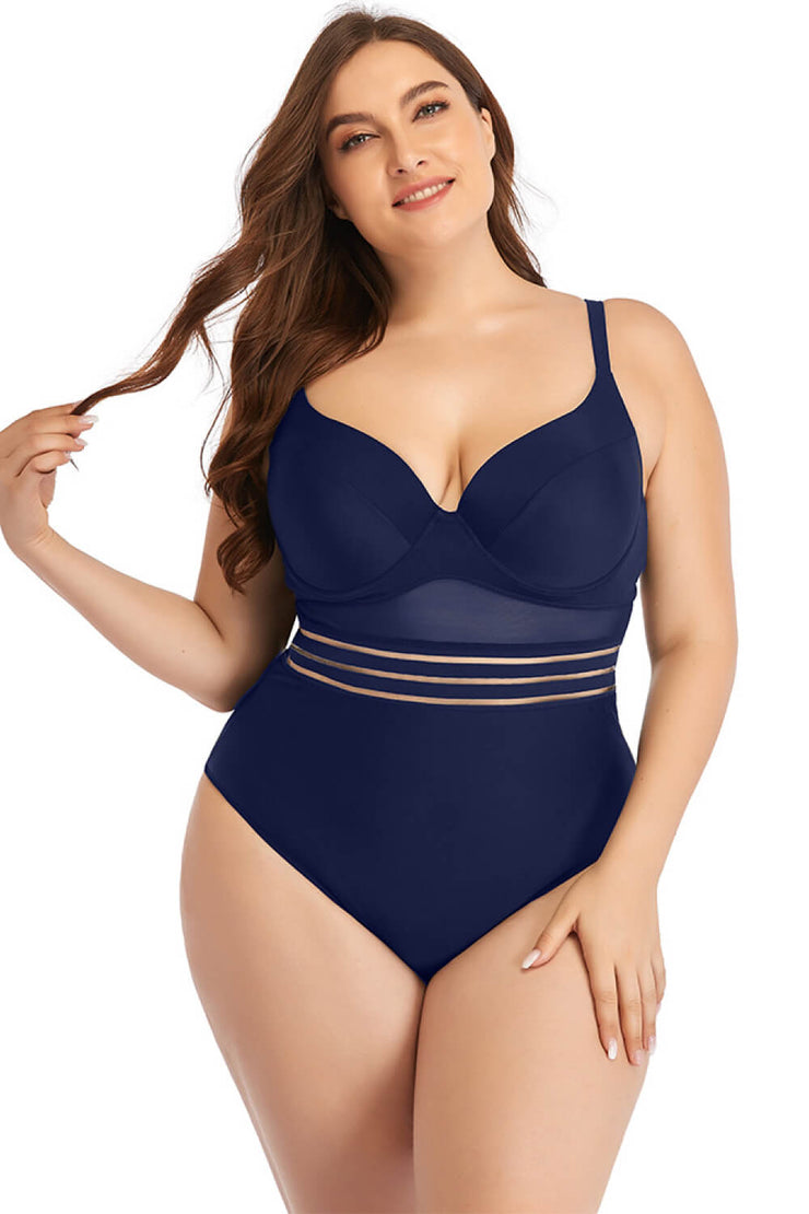 Plus Size Spliced Mesh Tie-Back One-Piece Swimsuit - Ruby's Fashion