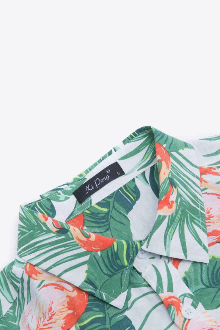 Tropical Pattern Button-Up Collared Beach Shirt