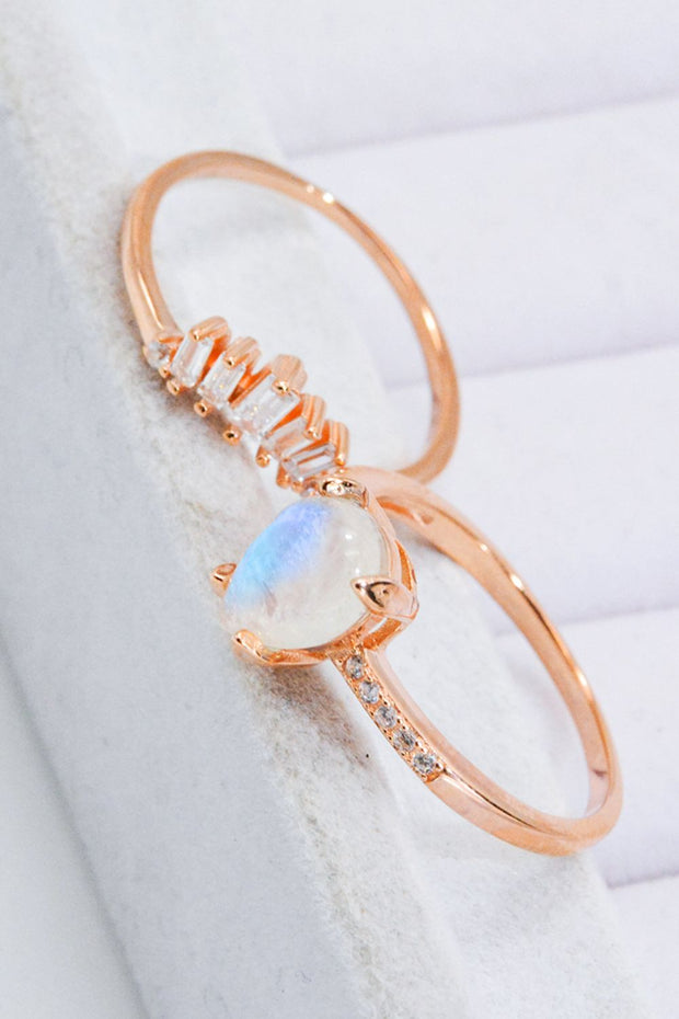 Natural Moonstone and Zircon 18K Rose Gold-Plated Two-Piece Ring Set - Ruby's Fashion