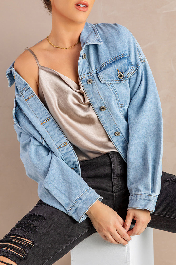 Button Down Dropped Shoulder Denim Jacket - Ruby's Fashion