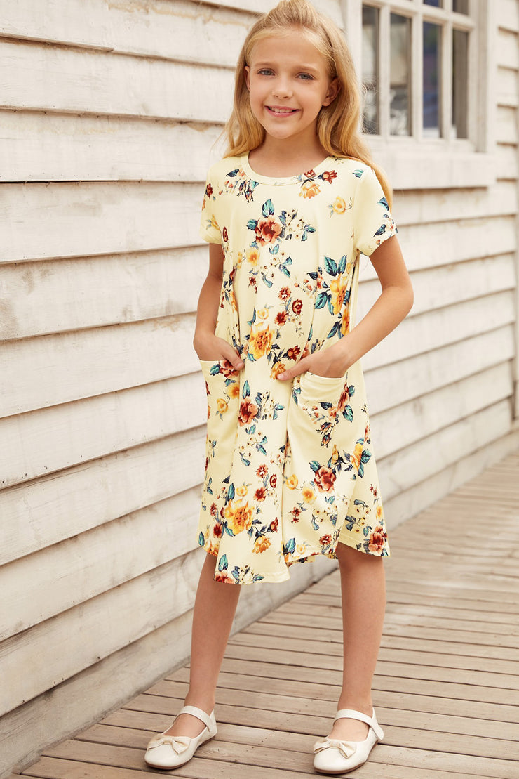 Girls Floral Round Neck Short Sleeve Dress with Pockets - Ruby's Fashion