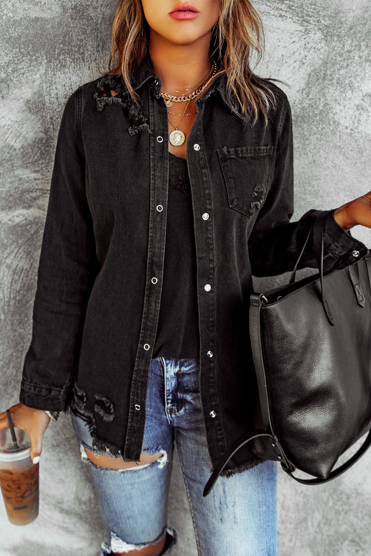 Distressed Snap Down Denim Jacket - Ruby's Fashion