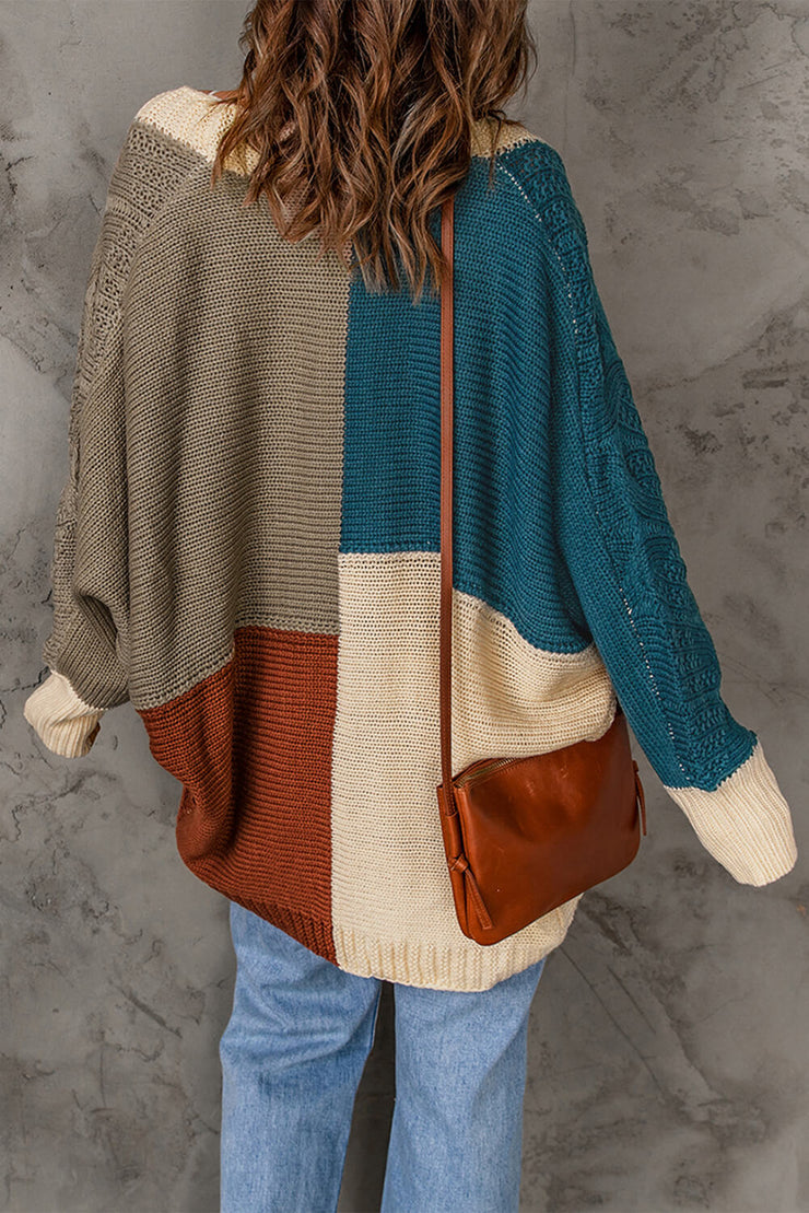 Color Block Cable-Knit Batwing Sleeve Cardigan - Ruby's Fashion