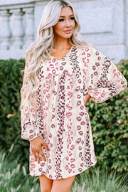 Leopard V-Neck Balloon Sleeve Babydoll Dress - Ruby's Fashion