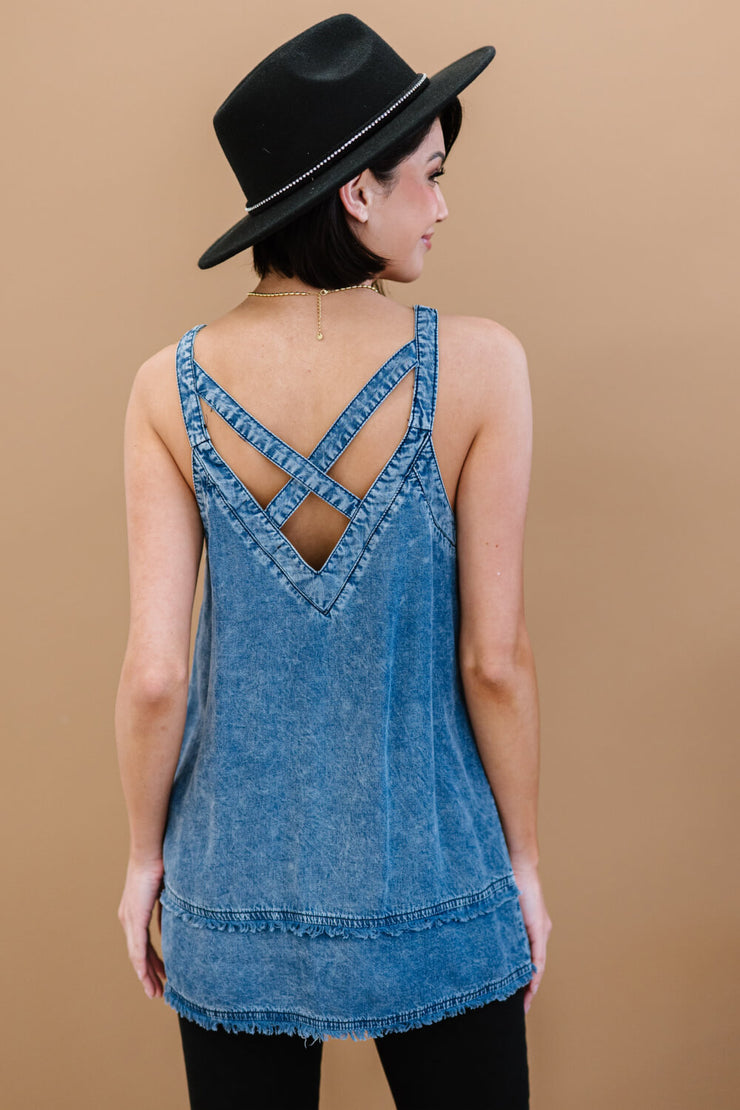 Doe & Rae Forever Young Mineral Wash Denim Sleeveless Top - Ruby's Fashion