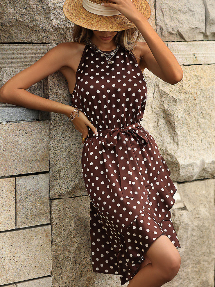 Polka Dot Tie-Waist Ruffled Sleeveless Dress - Ruby's Fashion