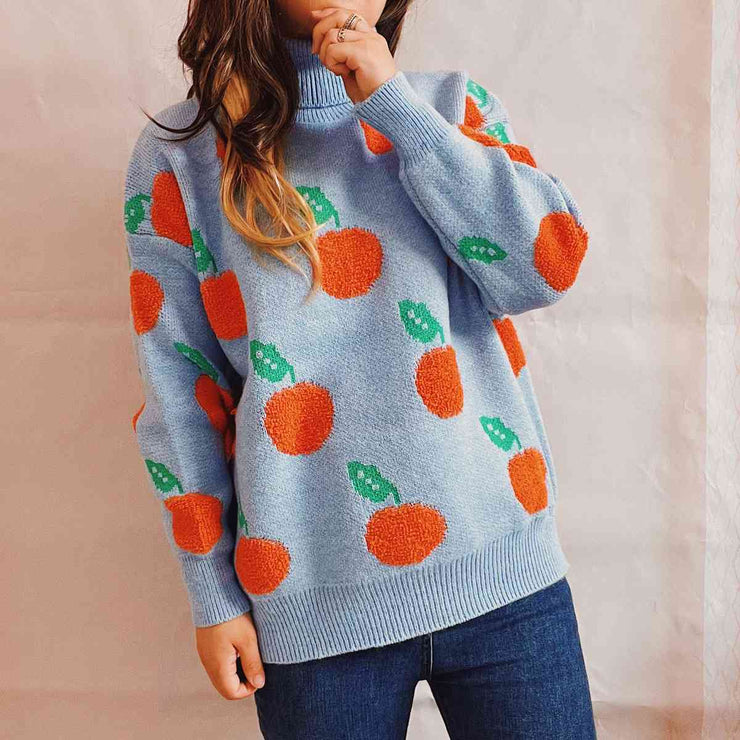 Fruit Pattern Turtleneck Dropped Sweater