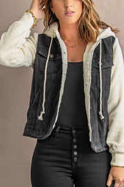 Two-Tone Spliced Denim Sherpa Hooded Jacket - Ruby's Fashion