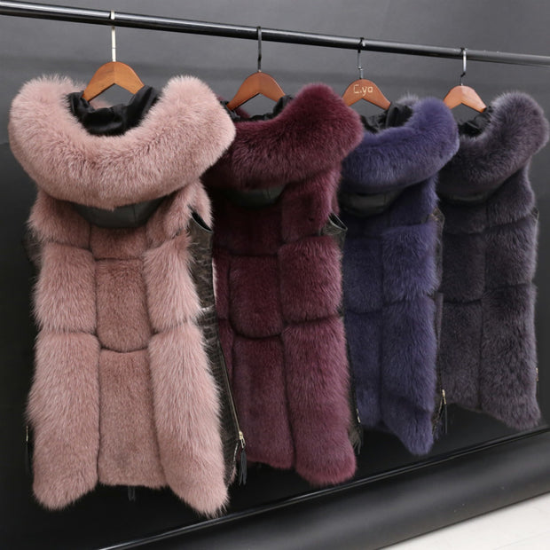 Faux Fox Fur Stitching Mid Length Coat - Ruby's Fashion