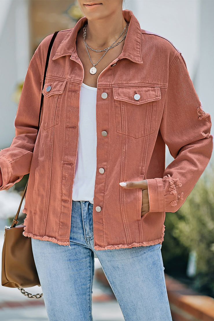 Distressed Raw Hem Denim Jacket - Ruby's Fashion