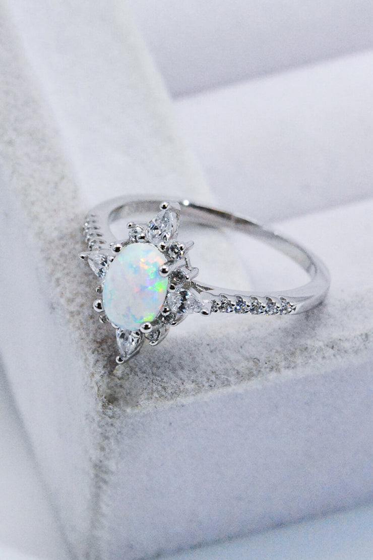 Platinum-Plated Opal and Zircon Ring - Ruby's Fashion