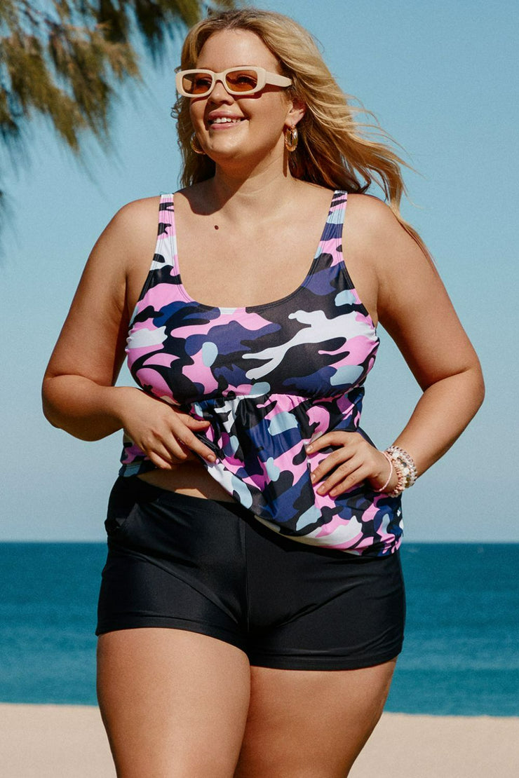 Plus Size Camouflage Peplum Two-Piece Tankini Set - Ruby's Fashion