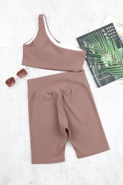 One-shoulder Sports Bra and Biker Shorts Set - Ruby's Fashion