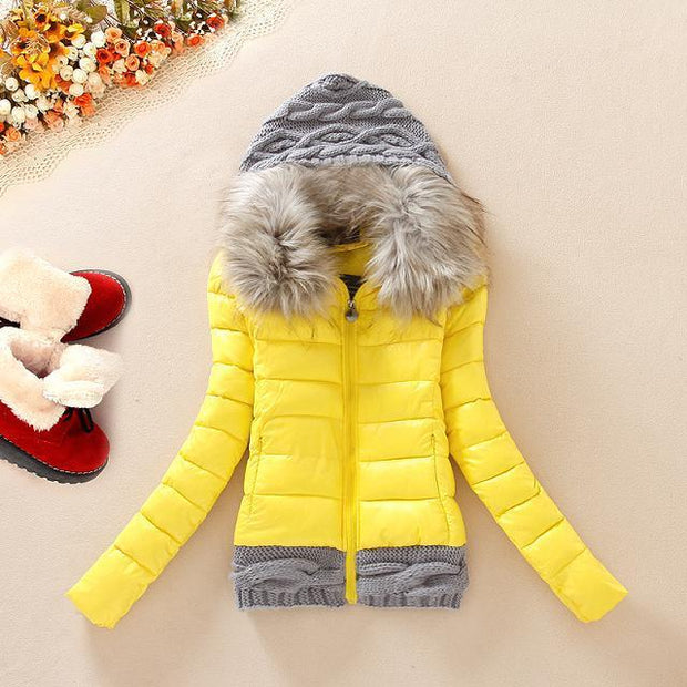 Wool stitching cotton coat fur collar hooded slim cotton short coat - Ruby's Fashion