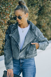 Acid Wash Lapel Collar Cropped Denim Jacket - Ruby's Fashion