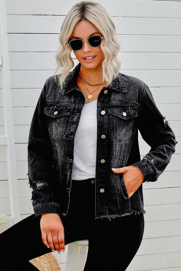 Distressed Raw Hem Denim Jacket - Ruby's Fashion