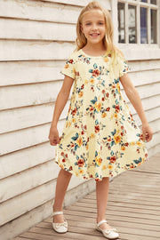 Girls Floral Round Neck Short Sleeve Dress with Pockets - Ruby's Fashion