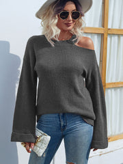 Rib-Knit Cutout Flare Sleeve Sweater - Ruby's Fashion