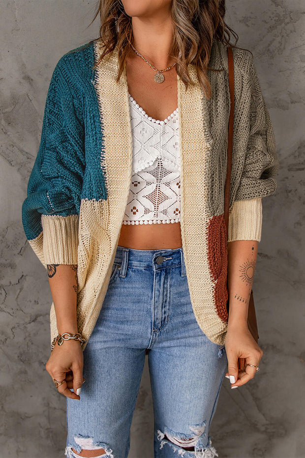 Color Block Cable-Knit Batwing Sleeve Cardigan - Ruby's Fashion