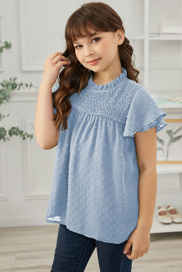 Girls Swiss Dot Smocked Flutter Sleeve Blouse - Ruby's Fashion