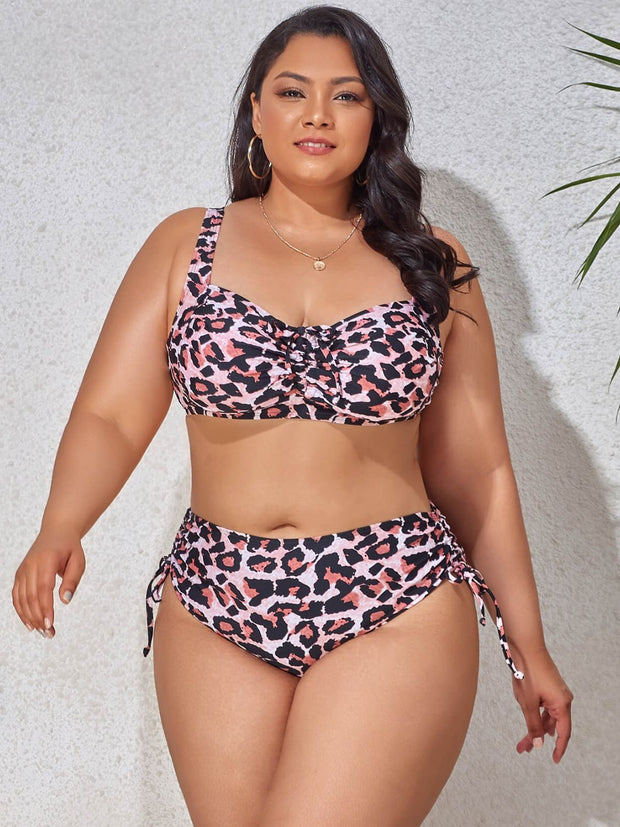 Plus Size Printed Drawstring Detail Bikini Set - Ruby's Fashion