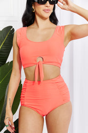 Marina West Swim Sanibel Crop Swim Top and Ruched Bottoms Set in Coral - Ruby's Fashion