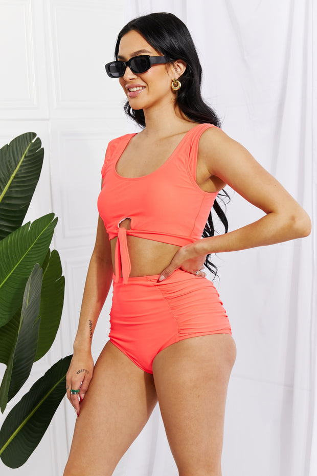 Marina West Swim Sanibel Crop Swim Top and Ruched Bottoms Set in Coral - Ruby's Fashion