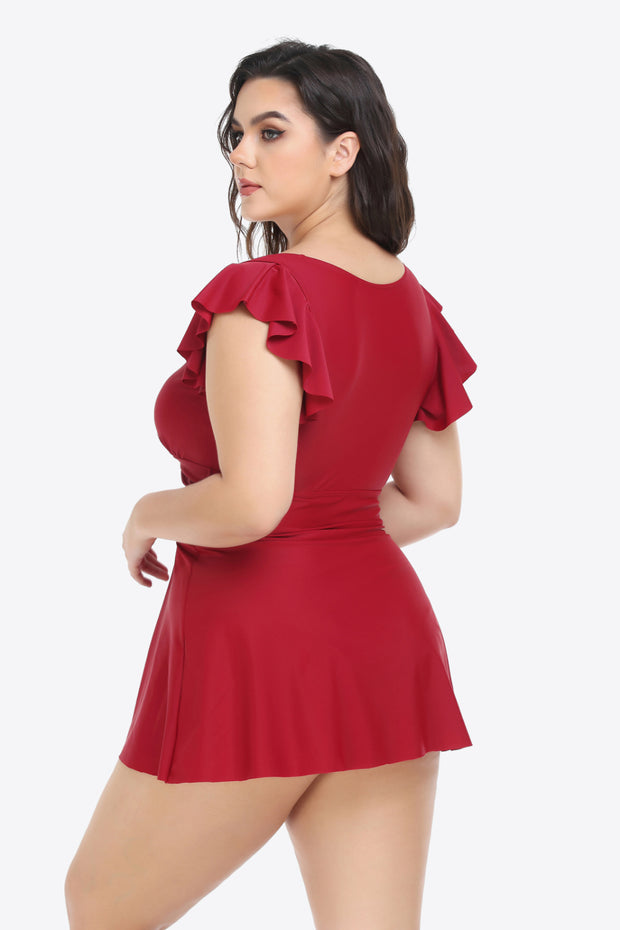 Plus Size Ruffled Plunge Swim Dress and Bottoms Set - Ruby's Fashion