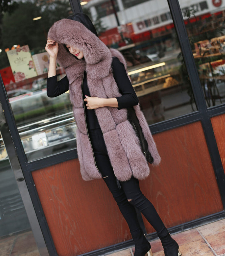 Faux Fox Fur Stitching Mid Length Coat - Ruby's Fashion