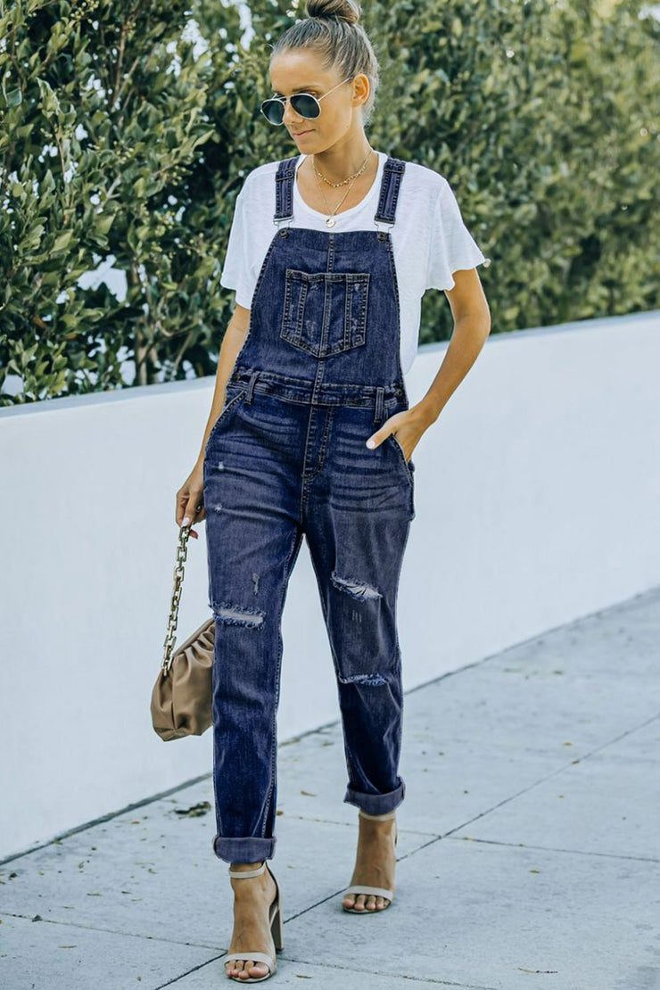 Pocketed Distressed Denim Overalls - Ruby's Fashion