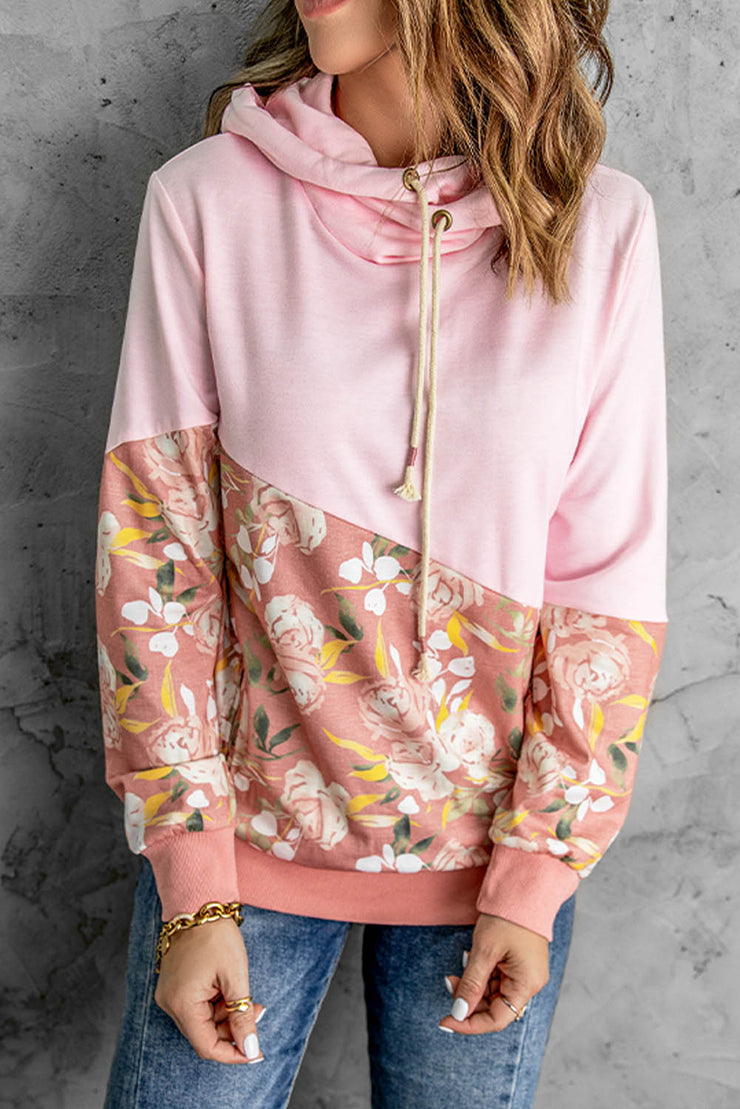 Floral Color Block Drawstring Hoodie