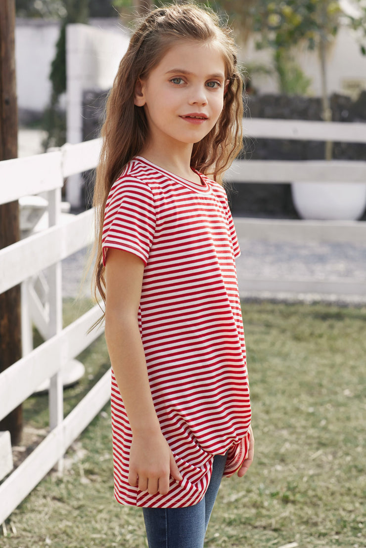 Girls Striped Round Neck Twisted Tee Shirt - Ruby's Fashion