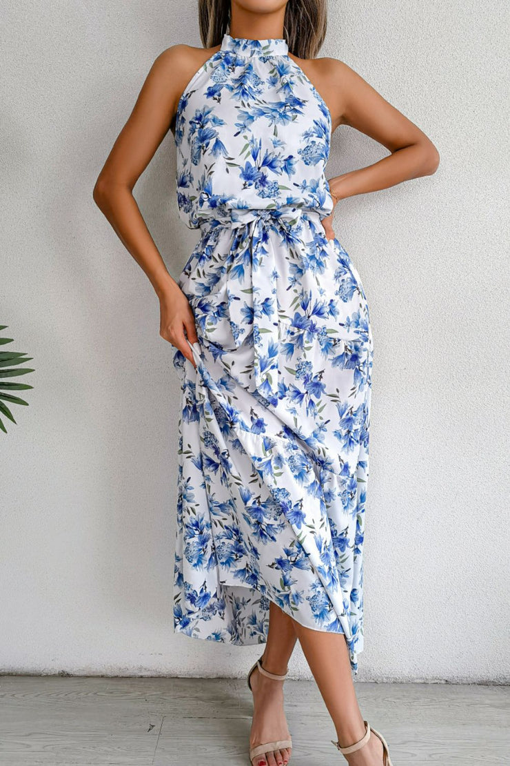 Floral Tie Waist Backless Maxi Dress - Ruby's Fashion